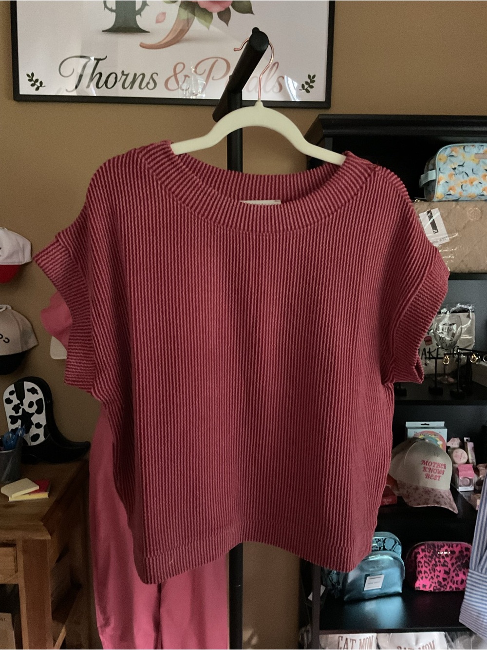 Zenana Outfitters Ribbed Short-Sleeve Sweater Top in cranberry